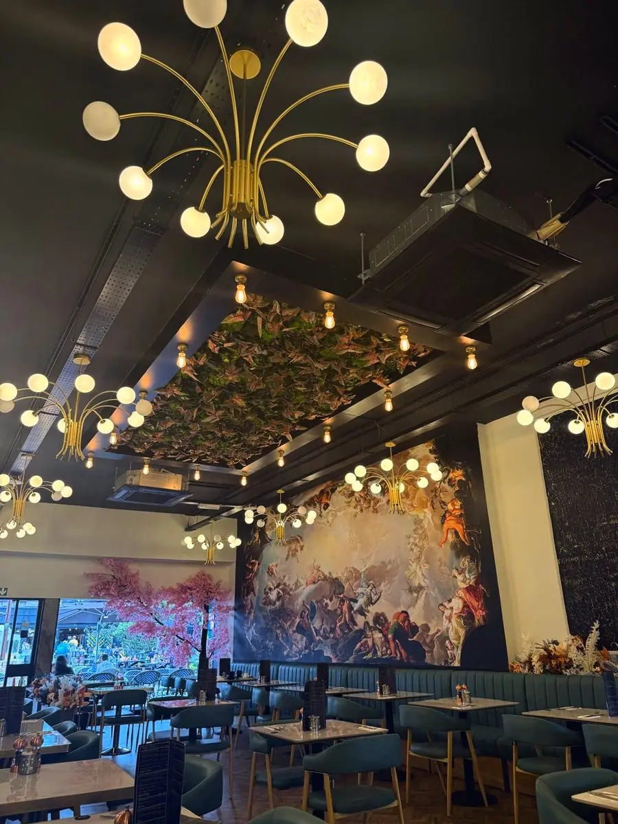 Chandeliers running the length of the room
