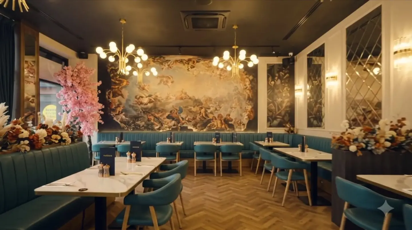The mural wall with gold sputnik chandeliers and blossom trees
